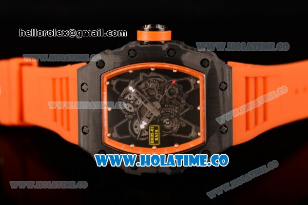 Richard Mille RM35-01 Bubba Watson Tourbillon Manual Winding Carbon Fiber Case with Skeleton Dial and White Dot Markers - Orange Inner Bezel - Click Image to Close